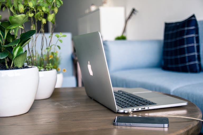 A contemporary home office setup featuring a sleek laptop, smartphone, and potted plants on a wooden table.